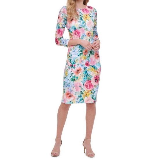 Kensie Dresses & Skirts - Kensie Eyelet Watercolor Floral 3/4 Sleeve Shift Dress - 8